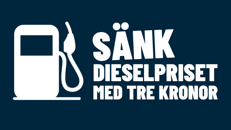 Illustration av en tankstation och texten sänk dieselpriset med tre kronor per liter